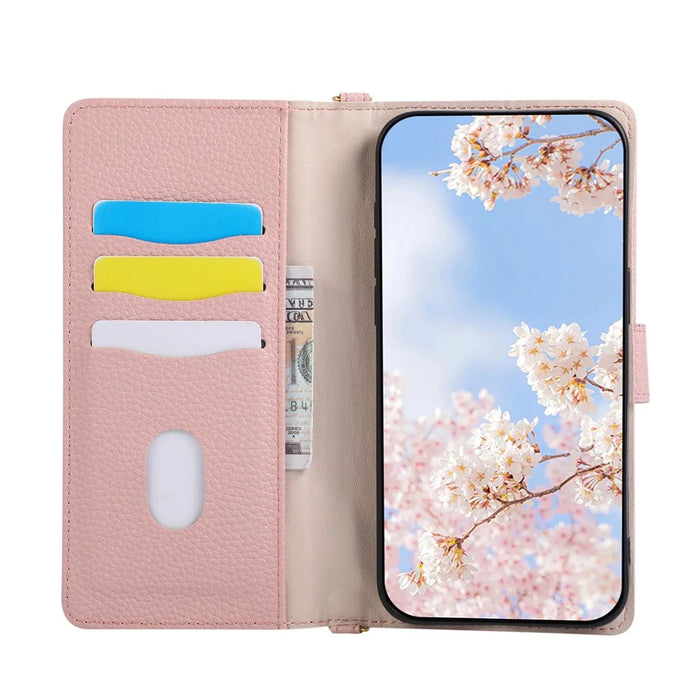 For iPhone 16 Pro Max Wallet Case Triangular Splicing Zipper Leather Flip Cover with Wrist Strap - Pink - 4