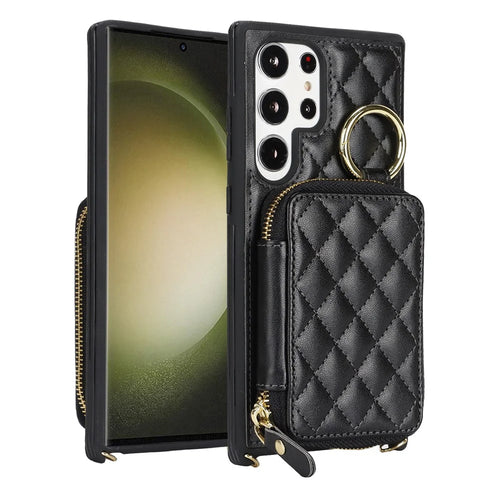 For Samsung Galaxy S23 Ultra Case Ring Holder Zipper Pocket Kickstand Leather Back Phone Cover with Shoulder Strap - Black - 1