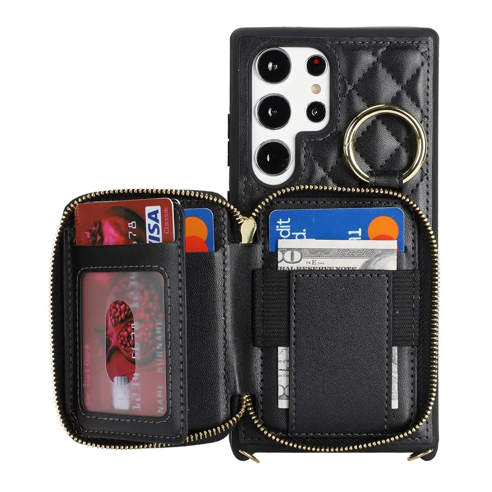 For Samsung Galaxy S23 Ultra Case Ring Holder Zipper Pocket Kickstand Leather Back Phone Cover with Shoulder Strap - Black - 2