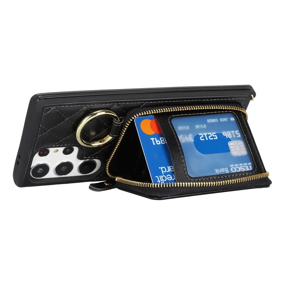 For Samsung Galaxy S23 Ultra Case Ring Holder Zipper Pocket Kickstand Leather Back Phone Cover with Shoulder Strap - Black - 3
