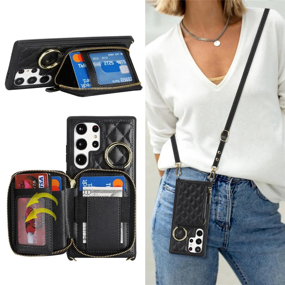 For Samsung Galaxy S23 Ultra Case Ring Holder Zipper Pocket Kickstand Leather Back Phone Cover with Shoulder Strap - Black - 4