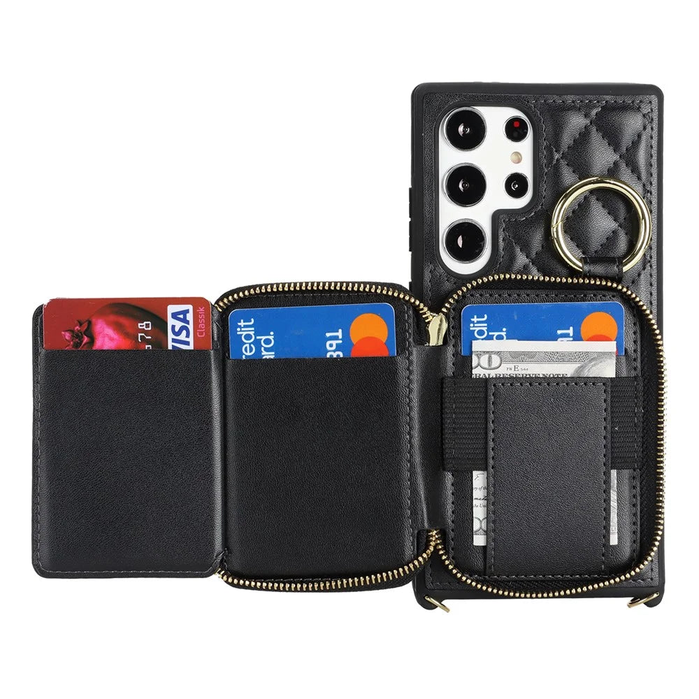 For Samsung Galaxy S23 Ultra Case Ring Holder Zipper Pocket Kickstand Leather Back Phone Cover with Shoulder Strap - Black - 5