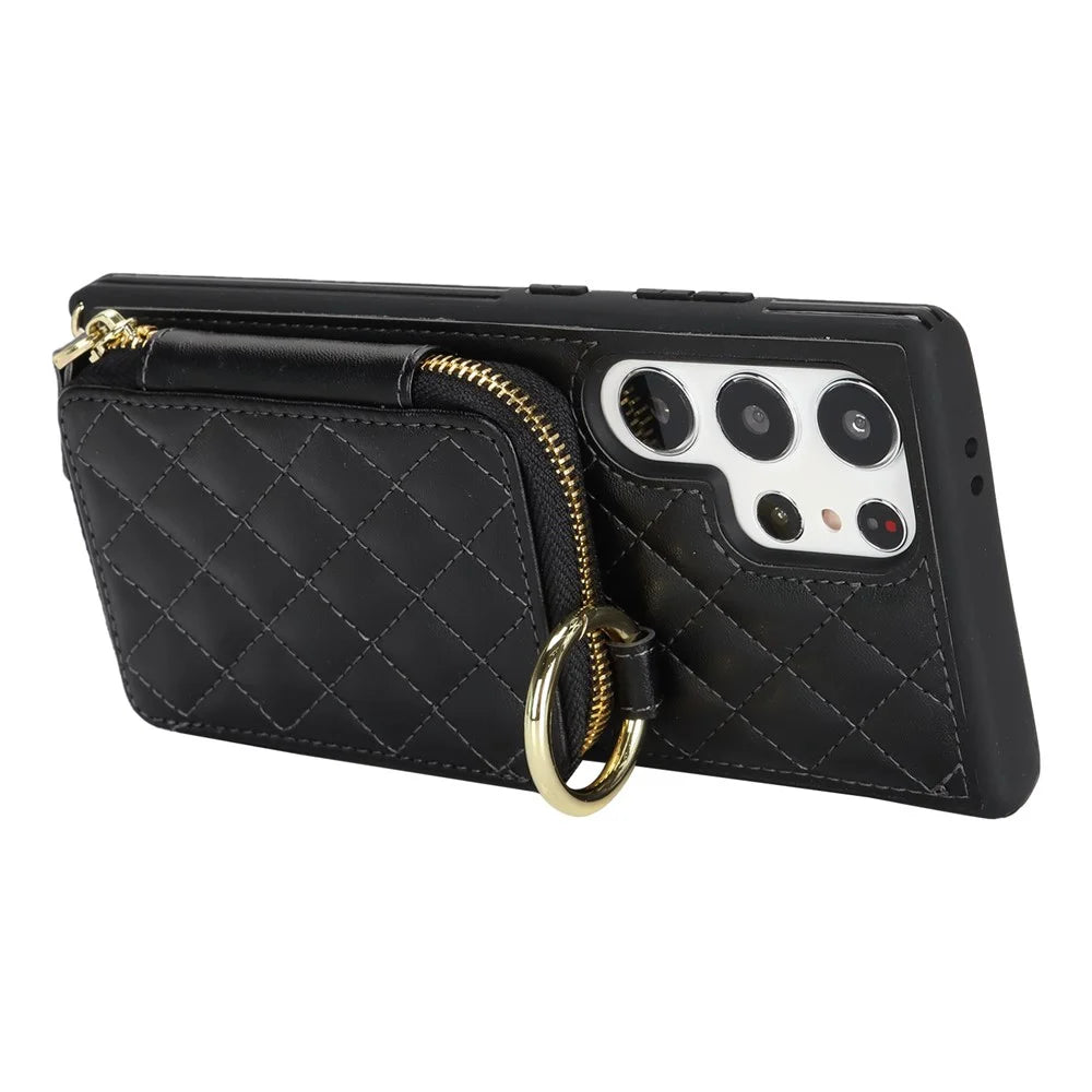 For Samsung Galaxy S23 Ultra Case Ring Holder Zipper Pocket Kickstand Leather Back Phone Cover with Shoulder Strap - Black - 6