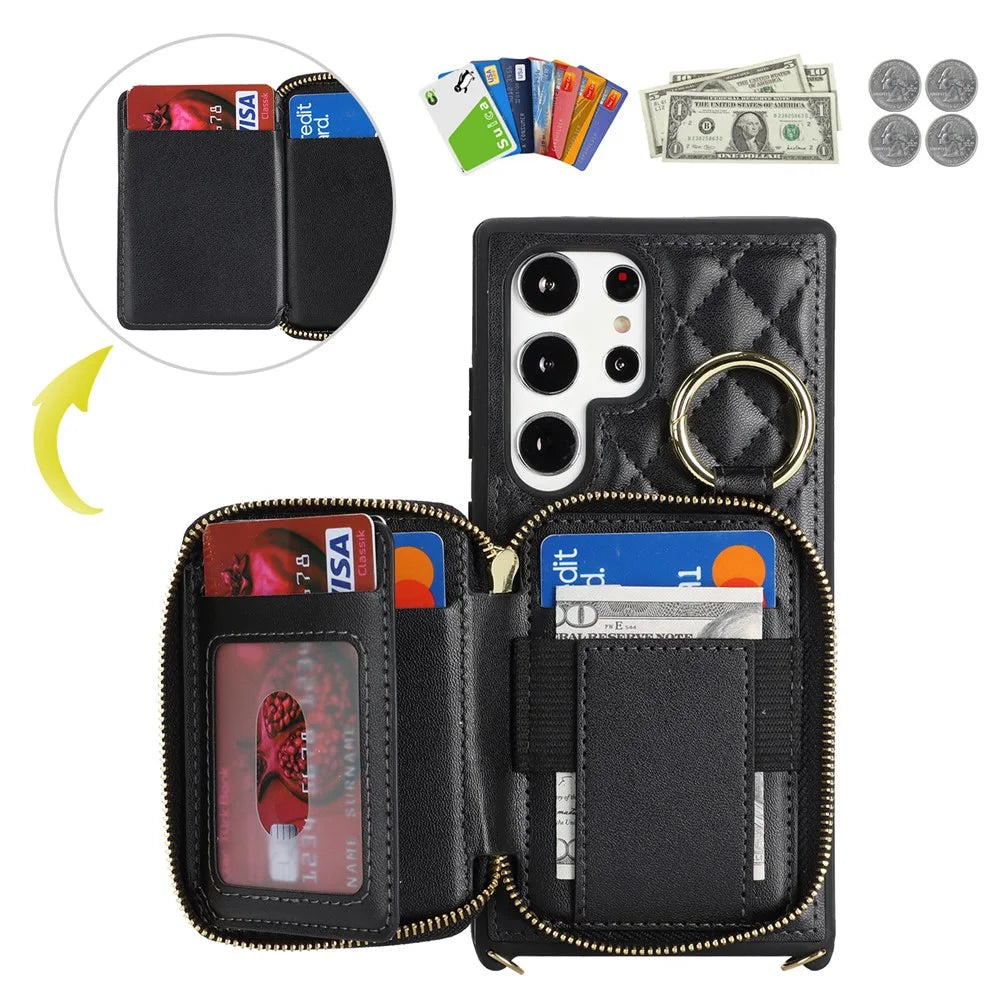 For Samsung Galaxy S23 Ultra Case Ring Holder Zipper Pocket Kickstand Leather Back Phone Cover with Shoulder Strap - Black - 7