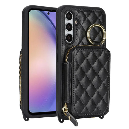 For Samsung Galaxy A54 5G Case Ring Holder Zipper Pocket Kickstand Leather Back Phone Cover with Shoulder Strap - Black - 1