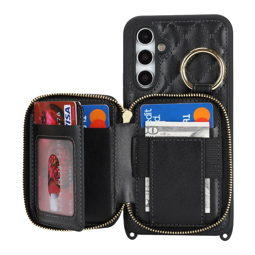 For Samsung Galaxy A54 5G Case Ring Holder Zipper Pocket Kickstand Leather Back Phone Cover with Shoulder Strap - Black - 2