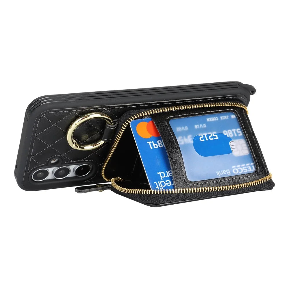 For Samsung Galaxy A54 5G Case Ring Holder Zipper Pocket Kickstand Leather Back Phone Cover with Shoulder Strap - Black - 3