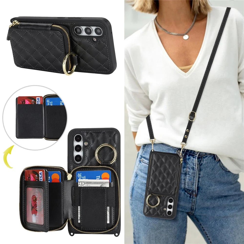 For Samsung Galaxy A54 5G Case Ring Holder Zipper Pocket Kickstand Leather Back Phone Cover with Shoulder Strap - Black - 4