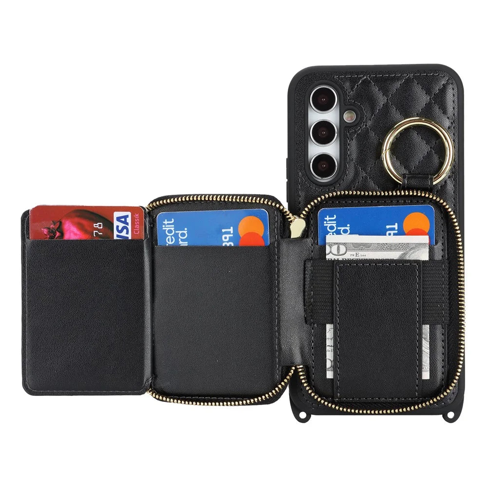 For Samsung Galaxy A54 5G Case Ring Holder Zipper Pocket Kickstand Leather Back Phone Cover with Shoulder Strap - Black - 5