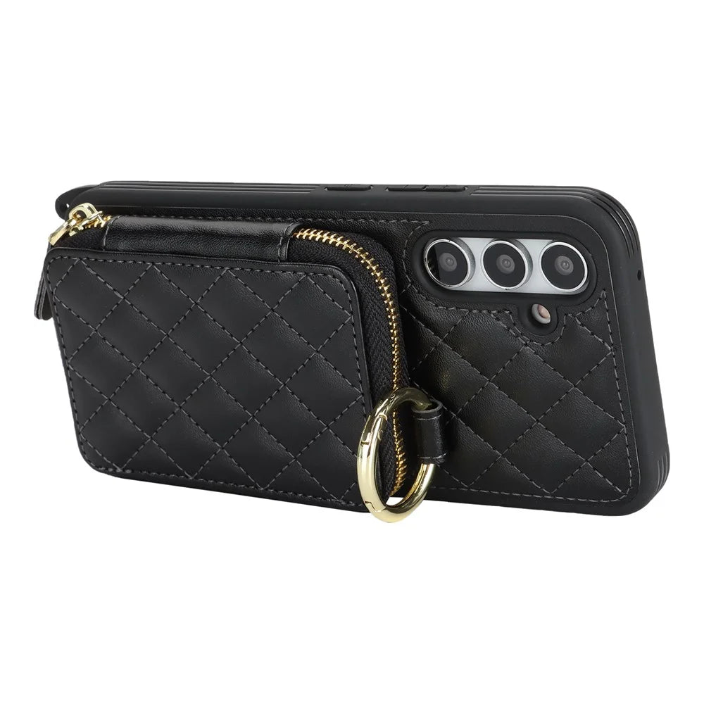 For Samsung Galaxy A54 5G Case Ring Holder Zipper Pocket Kickstand Leather Back Phone Cover with Shoulder Strap - Black - 6