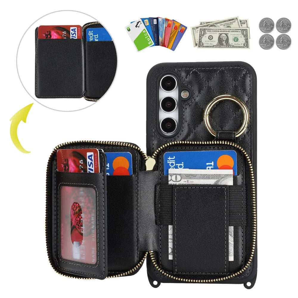 For Samsung Galaxy A54 5G Case Ring Holder Zipper Pocket Kickstand Leather Back Phone Cover with Shoulder Strap - Black - 7