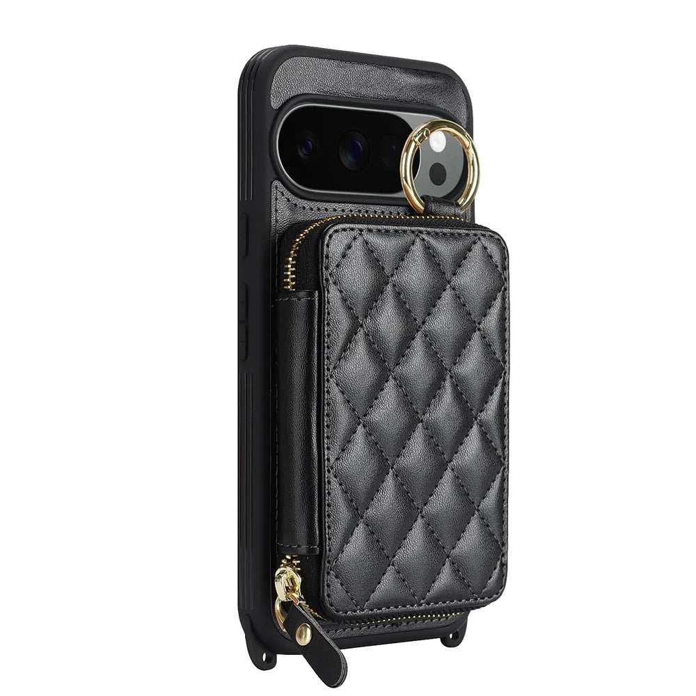 For Google Pixel 10 Pro XL Case Ring Holder Zipper Pocket Kickstand Leather Back Phone Cover with Shoulder Strap - Black - 1