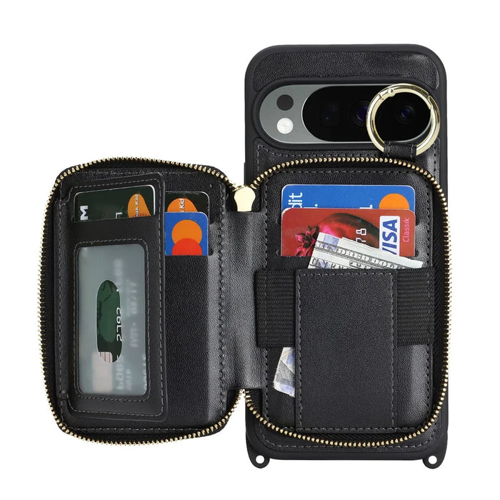 For Google Pixel 10 Pro XL Case Ring Holder Zipper Pocket Kickstand Leather Back Phone Cover with Shoulder Strap - Black - 2