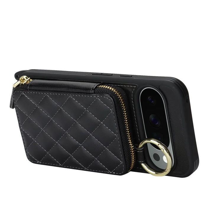 For Google Pixel 10 Pro XL Case Ring Holder Zipper Pocket Kickstand Leather Back Phone Cover with Shoulder Strap - Black - 3