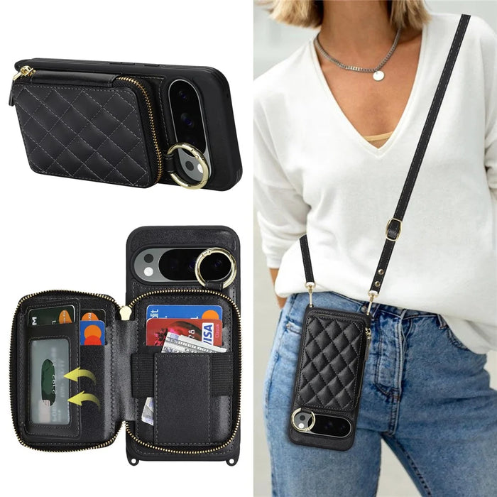 For Google Pixel 10 Pro XL Case Ring Holder Zipper Pocket Kickstand Leather Back Phone Cover with Shoulder Strap - Black - 4