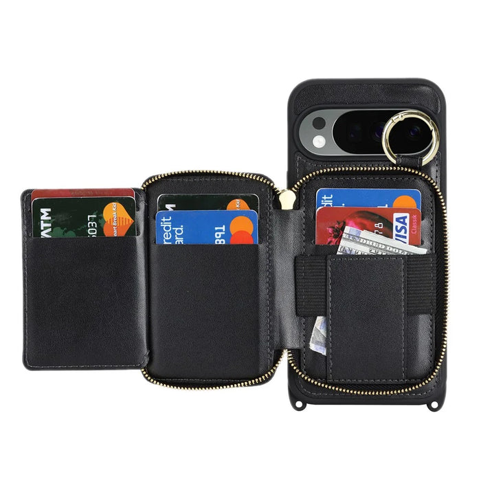 For Google Pixel 10 Pro XL Case Ring Holder Zipper Pocket Kickstand Leather Back Phone Cover with Shoulder Strap - Black - 5