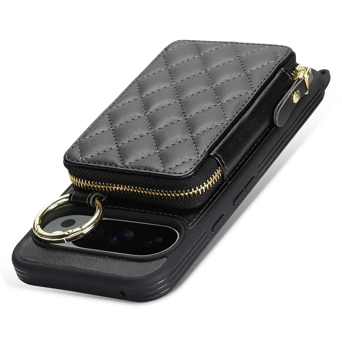 For Google Pixel 10 Pro XL Case Ring Holder Zipper Pocket Kickstand Leather Back Phone Cover with Shoulder Strap - Black - 6