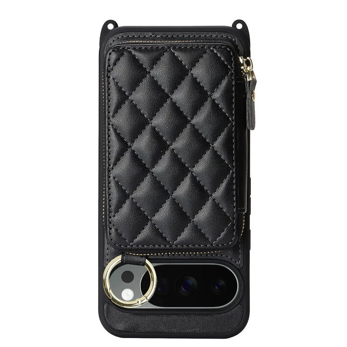 For Google Pixel 10 Pro XL Case Ring Holder Zipper Pocket Kickstand Leather Back Phone Cover with Shoulder Strap - Black - 7