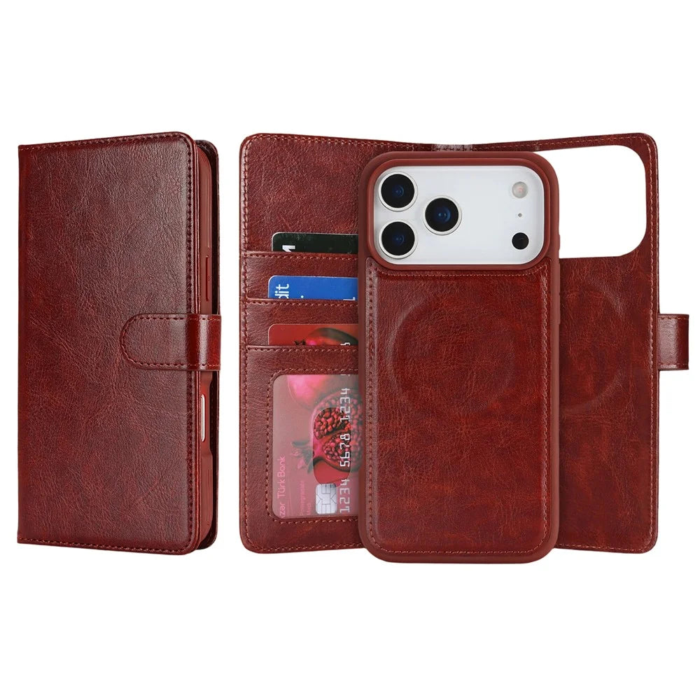 For iPhone 18 Pro / 17 Pro Magnetic Case Anti-Drop Detachable Wallet PU Leather Phone Cover - Dark Brown - 1