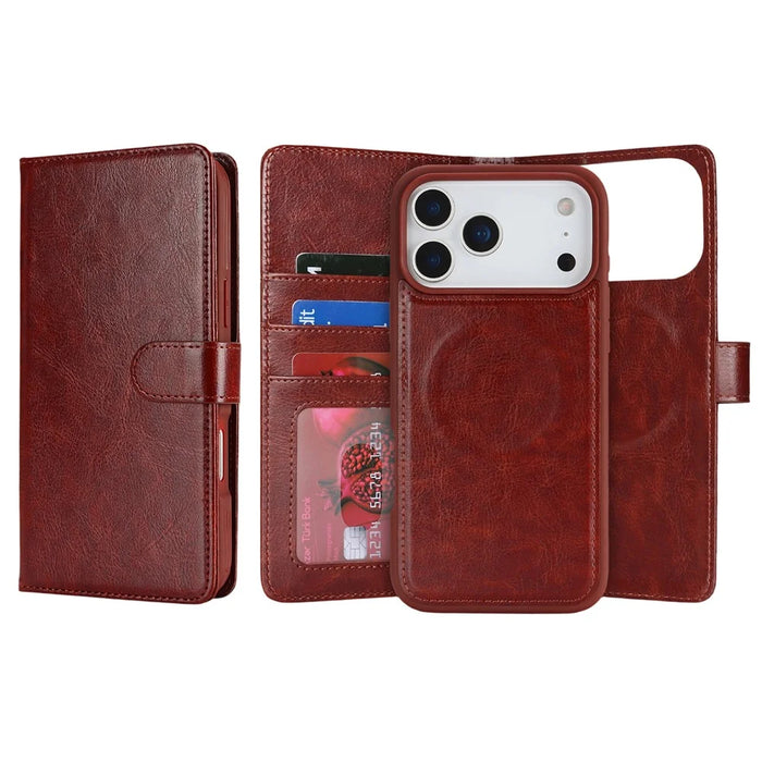 For iPhone 18 Pro / 17 Pro Magnetic Case Anti-Drop Detachable Wallet PU Leather Phone Cover - Dark Brown - 1