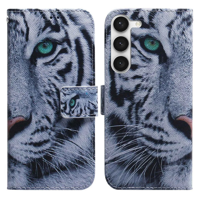 For Samsung Galaxy S23 Pattern Printing PU Leather Wallet Magnetic Cover Viewing Stand Shockproof Flip Phone Case - Tiger Head - 1