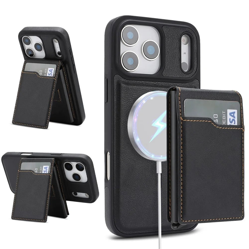 For iPhone 17 Pro Magnetic Cover Kickstand Leather Back Phone Shell with Detachable Pop-Up Card Case - Black - 1