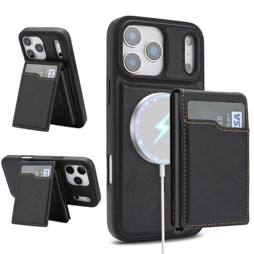 For iPhone 17 Pro Magnetic Cover Kickstand Leather Back Phone Shell with Detachable Pop-Up Card Case - Black - 1