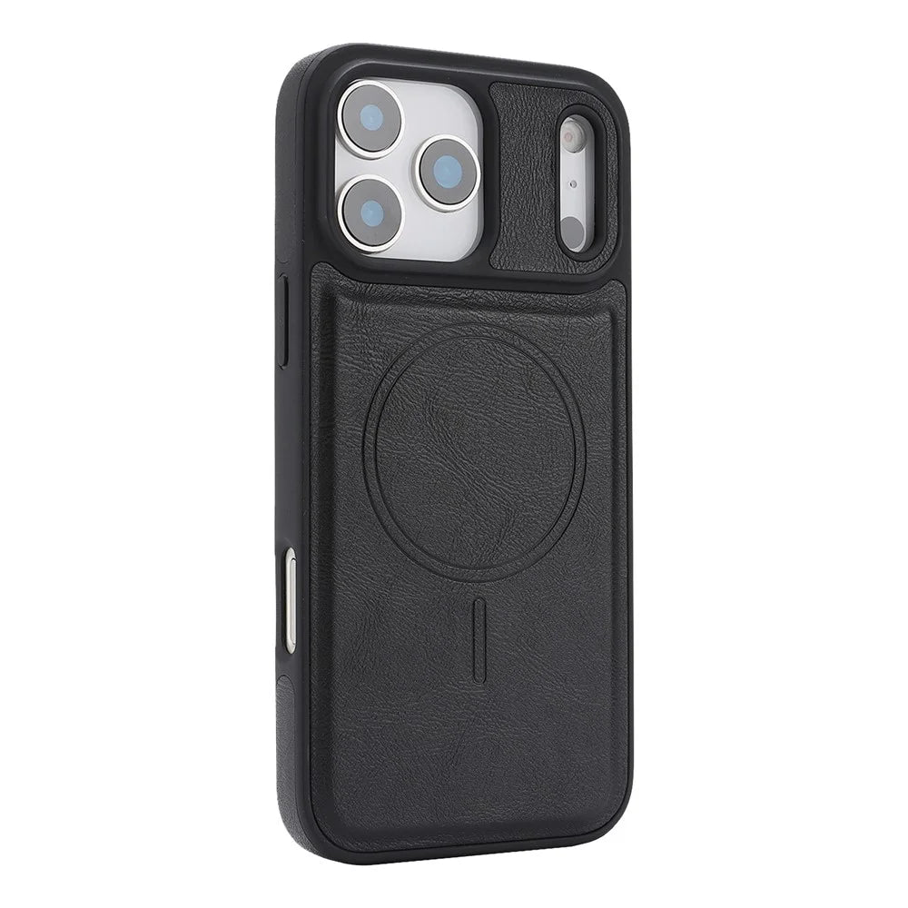 For iPhone 17 Pro Magnetic Cover Kickstand Leather Back Phone Shell with Detachable Pop-Up Card Case - Black - 5