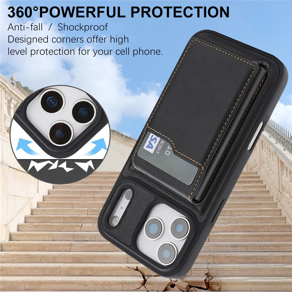 For iPhone 17 Pro Magnetic Cover Kickstand Leather Back Phone Shell with Detachable Pop-Up Card Case - Black - 7