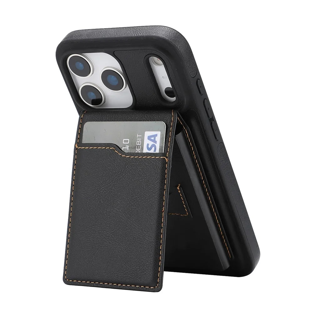 For iPhone 17 Pro Max Magnetic Cover Kickstand Leather Back Phone Shell with Detachable Pop-Up Card Case - Black - 2
