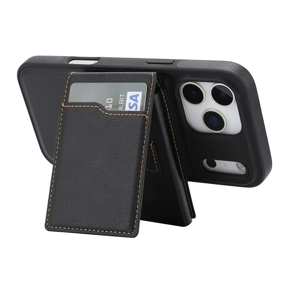 For iPhone 17 Pro Max Magnetic Cover Kickstand Leather Back Phone Shell with Detachable Pop-Up Card Case - Black - 3