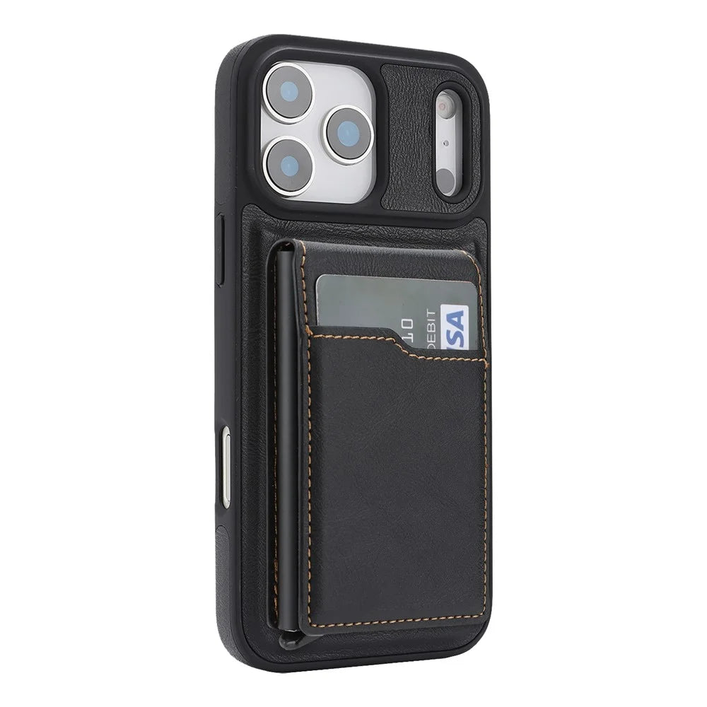 For iPhone 17 Pro Max Magnetic Cover Kickstand Leather Back Phone Shell with Detachable Pop-Up Card Case - Black - 4