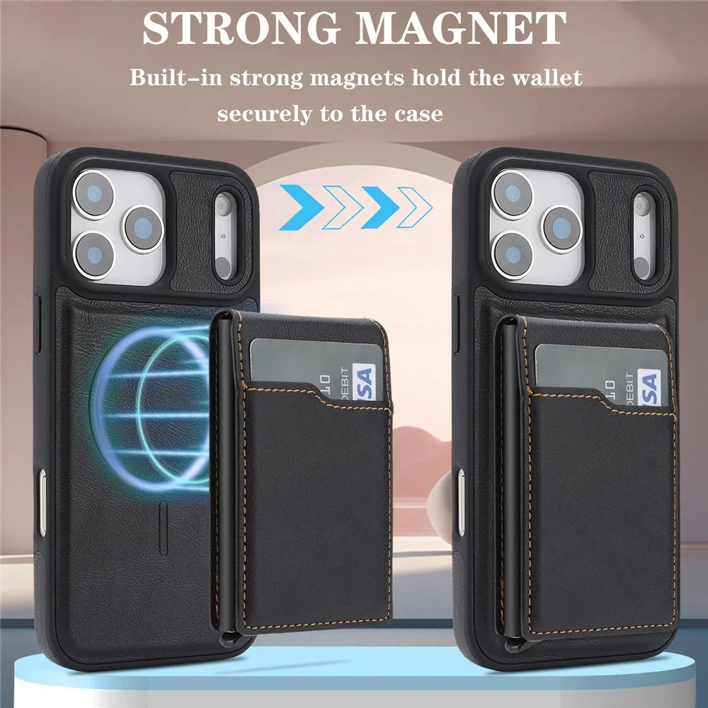 For iPhone 17 Pro Max Magnetic Cover Kickstand Leather Back Phone Shell with Detachable Pop-Up Card Case - Black - 6