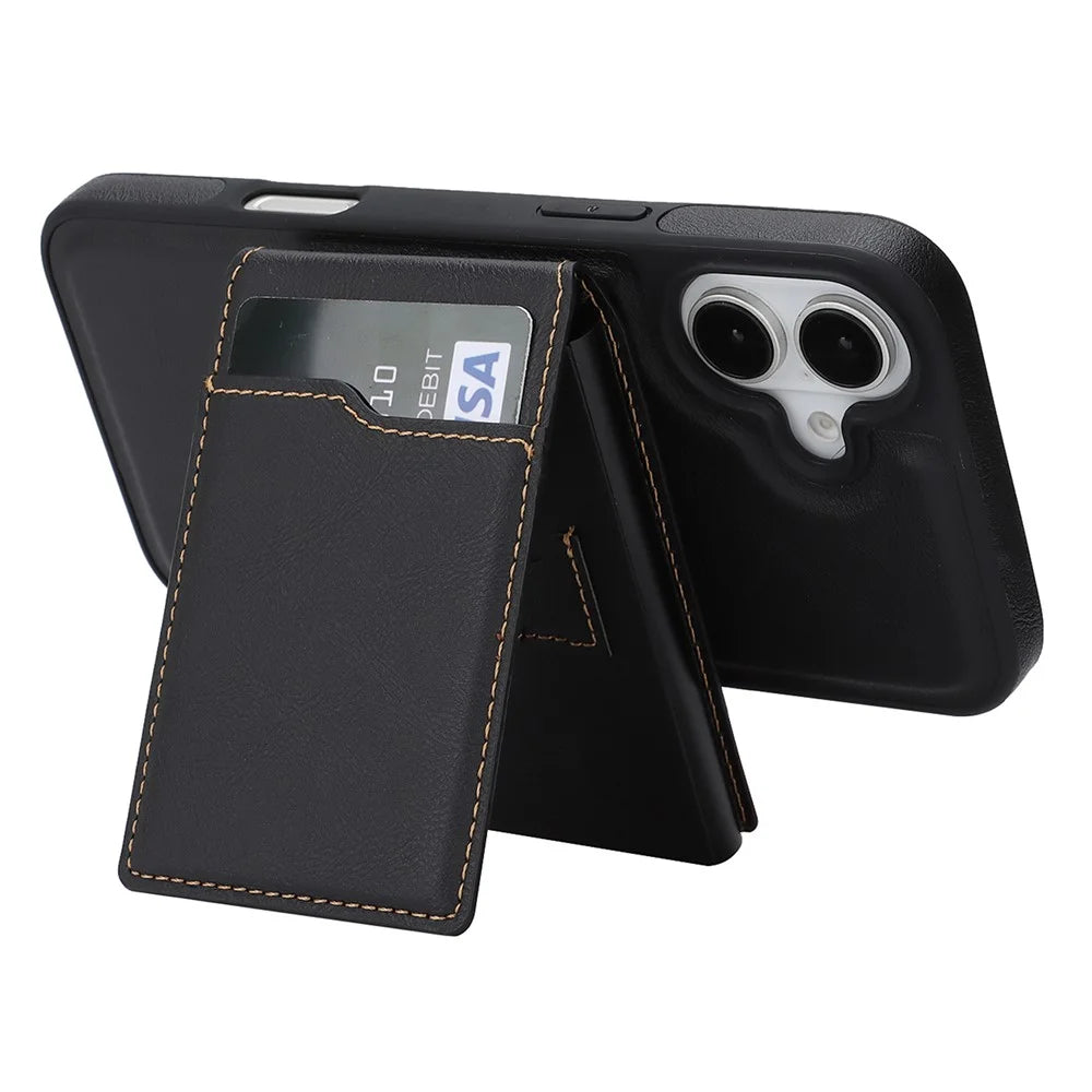 For iPhone 17 Magnetic Cover Kickstand Leather Back Phone Shell with Detachable Pop-Up Card Case - Black - 3