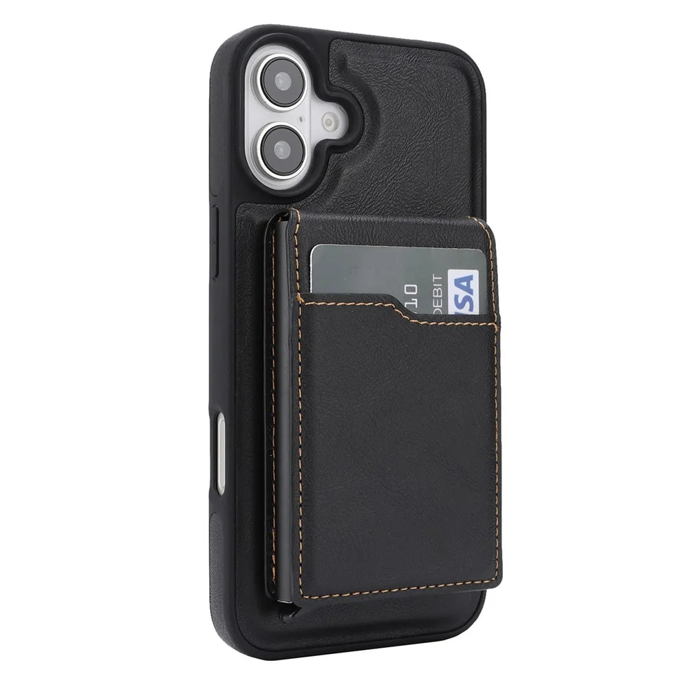 For iPhone 17 Magnetic Cover Kickstand Leather Back Phone Shell with Detachable Pop-Up Card Case - Black - 4