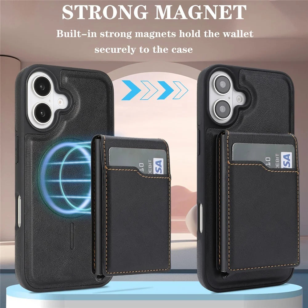For iPhone 17 Magnetic Cover Kickstand Leather Back Phone Shell with Detachable Pop-Up Card Case - Black - 6