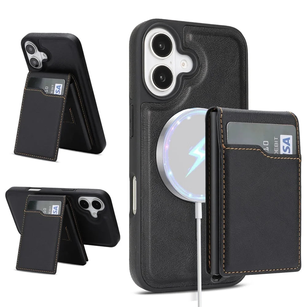 For iPhone 16 Magnetic Cover Kickstand Leather Back Phone Shell with Detachable Pop-Up Card Case - Black - 1
