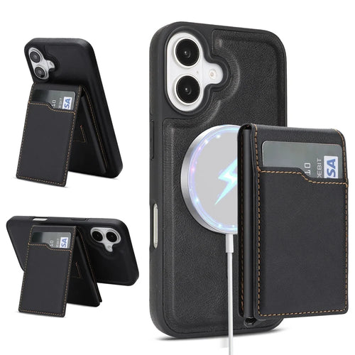 For iPhone 16 Magnetic Cover Kickstand Leather Back Phone Shell with Detachable Pop-Up Card Case - Black - 1