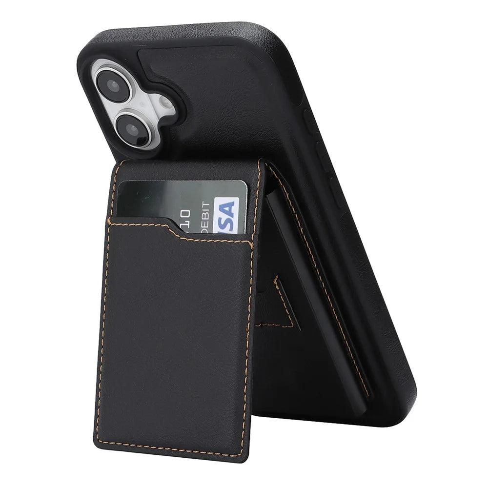 For iPhone 16 Magnetic Cover Kickstand Leather Back Phone Shell with Detachable Pop-Up Card Case - Black - 2