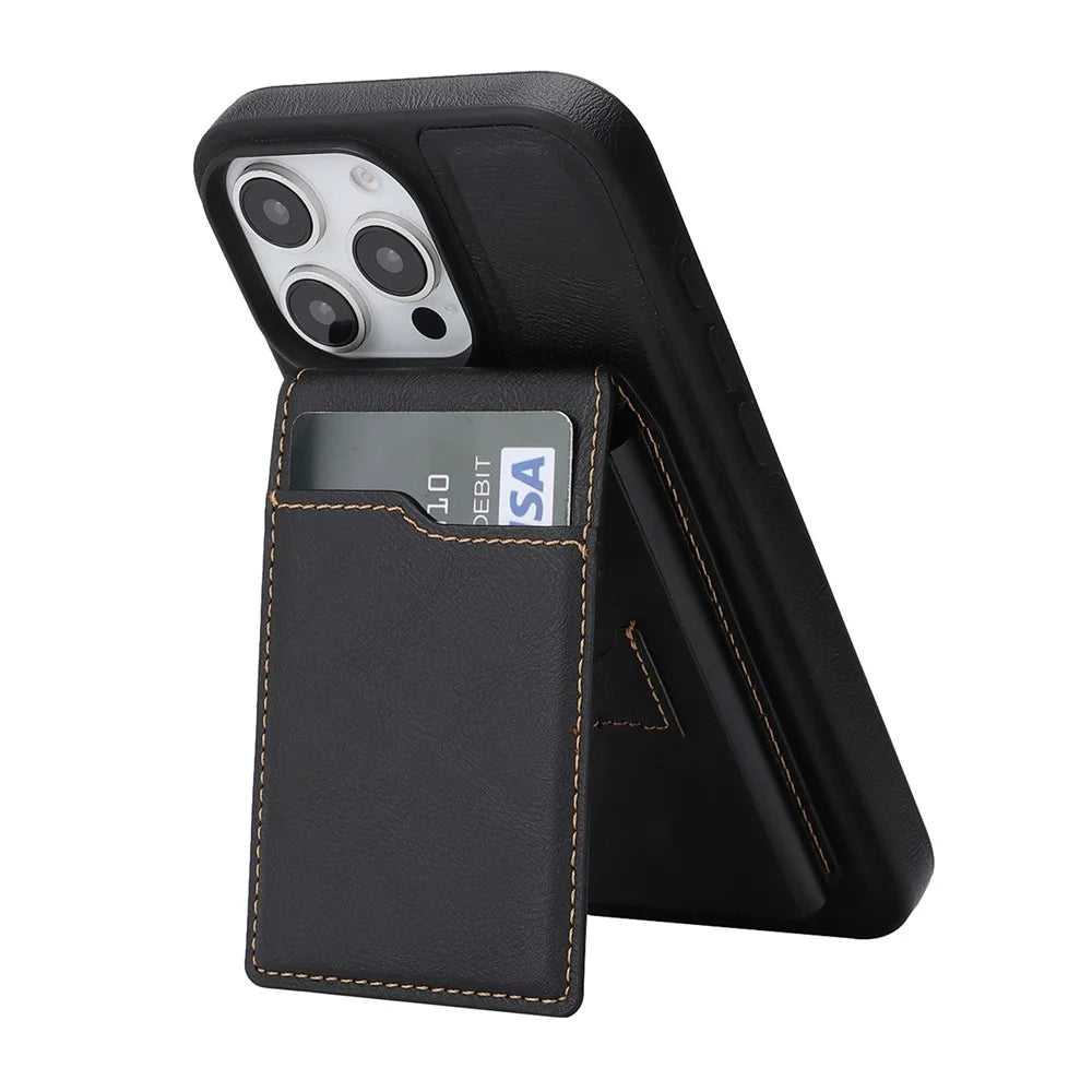 For iPhone 16 Pro Magnetic Cover Kickstand Leather Back Phone Shell with Detachable Pop-Up Card Case - Black - 2