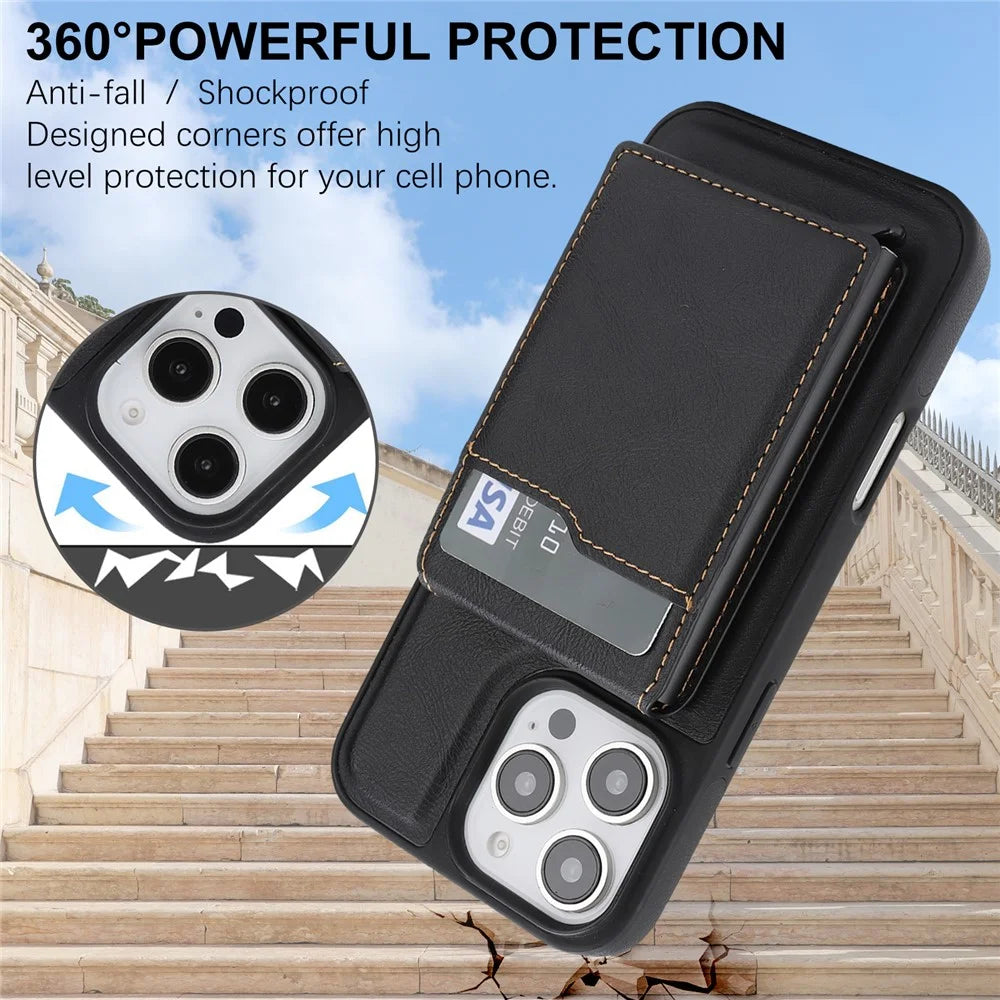 For iPhone 16 Pro Magnetic Cover Kickstand Leather Back Phone Shell with Detachable Pop-Up Card Case - Black - 7