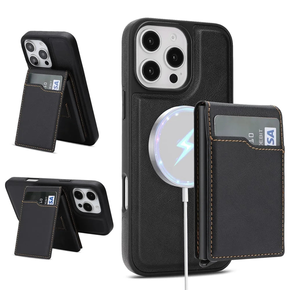 For iPhone 16 Pro Max Magnetic Cover Kickstand Leather Back Phone Shell with Detachable Pop-Up Card Case - Black - 1