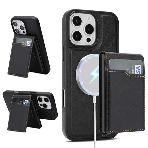For iPhone 16 Pro Max Magnetic Cover Kickstand Leather Back Phone Shell with Detachable Pop-Up Card Case - Black - 1