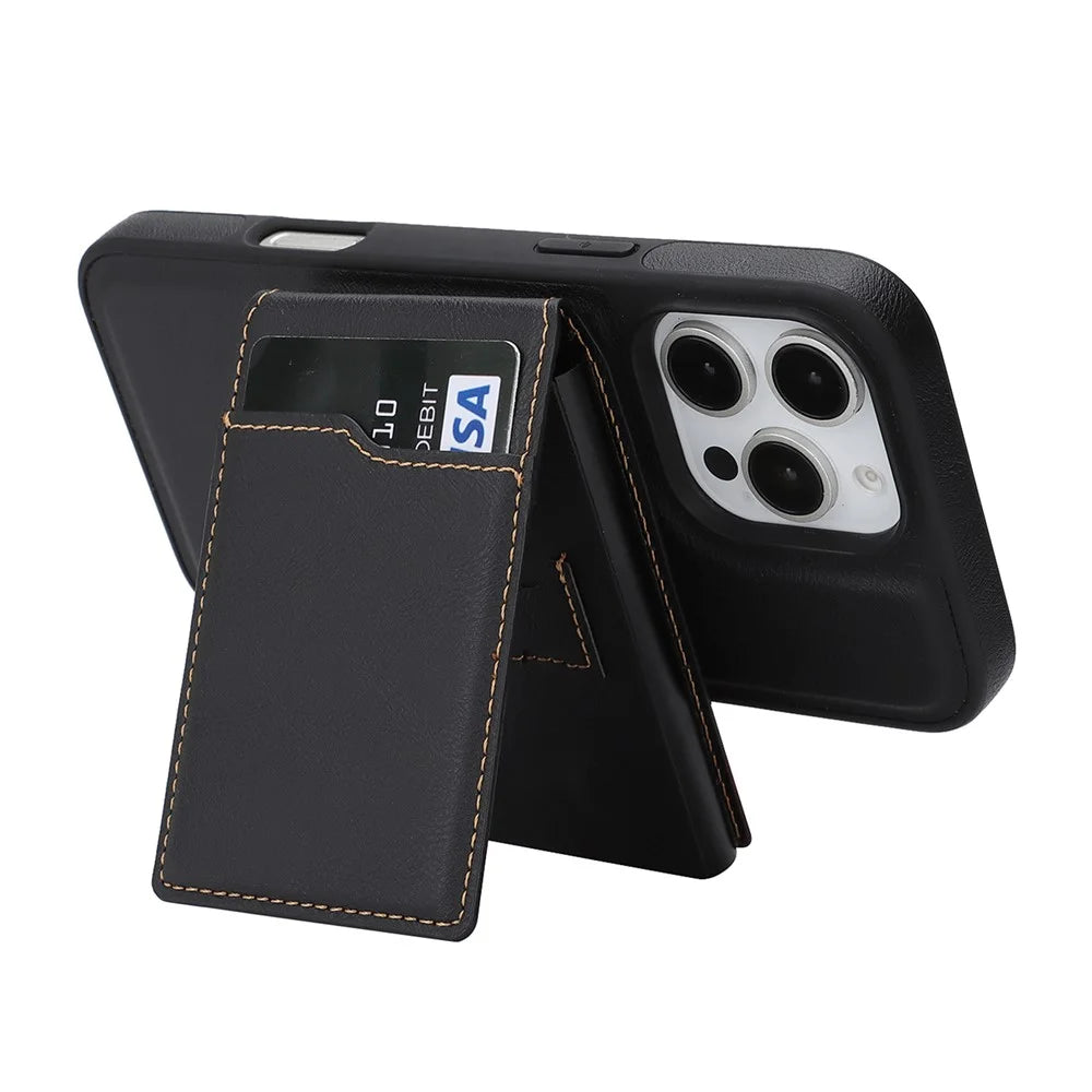 For iPhone 16 Pro Max Magnetic Cover Kickstand Leather Back Phone Shell with Detachable Pop-Up Card Case - Black - 3