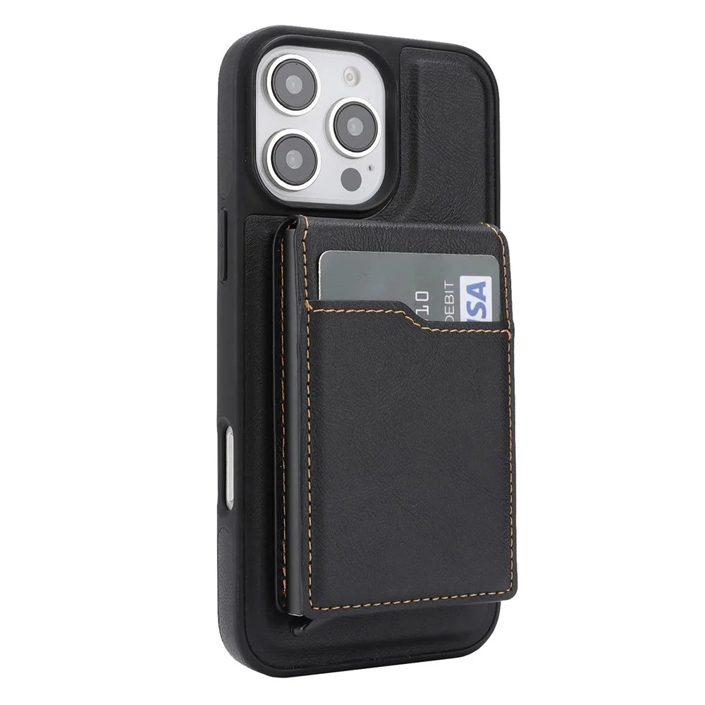 For iPhone 16 Pro Max Magnetic Cover Kickstand Leather Back Phone Shell with Detachable Pop-Up Card Case - Black - 4