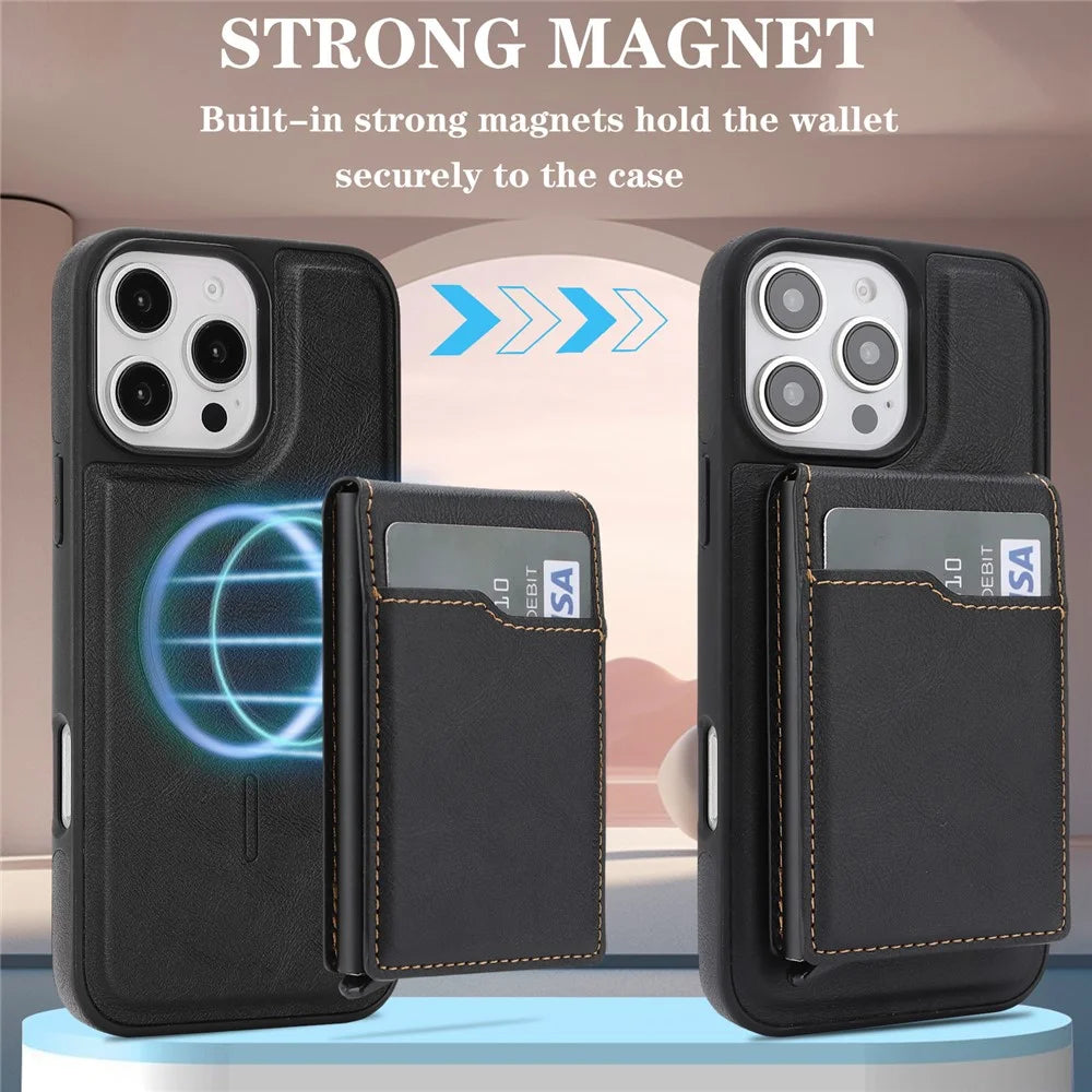 For iPhone 16 Pro Max Magnetic Cover Kickstand Leather Back Phone Shell with Detachable Pop-Up Card Case - Black - 6