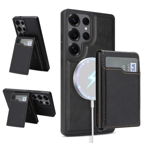 For Samsung Galaxy S26 Ultra Magnetic Cover Kickstand Leather Back Phone Shell with Detachable Pop-Up Card Case - Black - 1