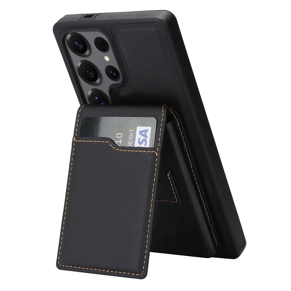 For Samsung Galaxy S26 Ultra Magnetic Cover Kickstand Leather Back Phone Shell with Detachable Pop-Up Card Case - Black - 2