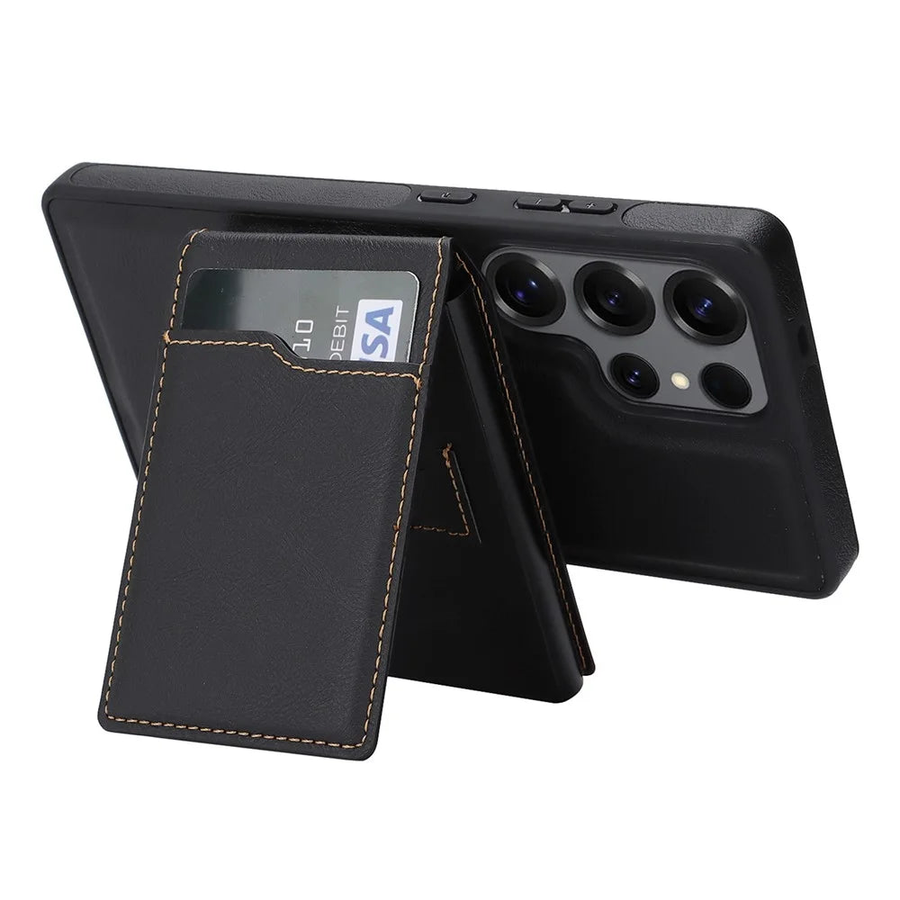 For Samsung Galaxy S26 Ultra Magnetic Cover Kickstand Leather Back Phone Shell with Detachable Pop-Up Card Case - Black - 3