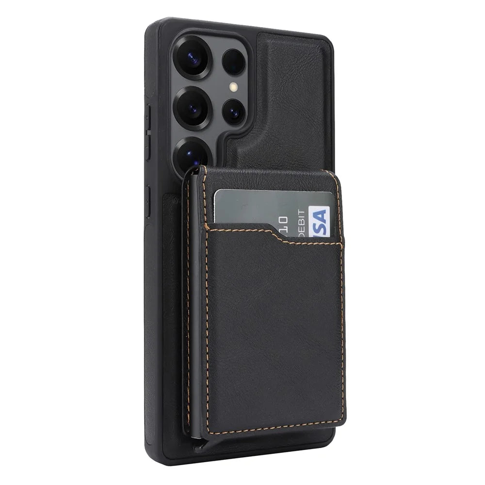 For Samsung Galaxy S26 Ultra Magnetic Cover Kickstand Leather Back Phone Shell with Detachable Pop-Up Card Case - Black - 4